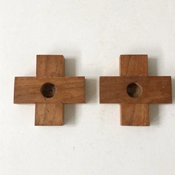 Handmade Wooden Cross Plus X Shaped Candlestick Candle Holders Set of 2 - Picture 5 of 9